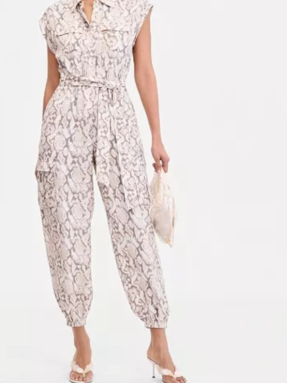 INC International Concepts Beige Snake-Print Sleeveless Utility Jumpsuit